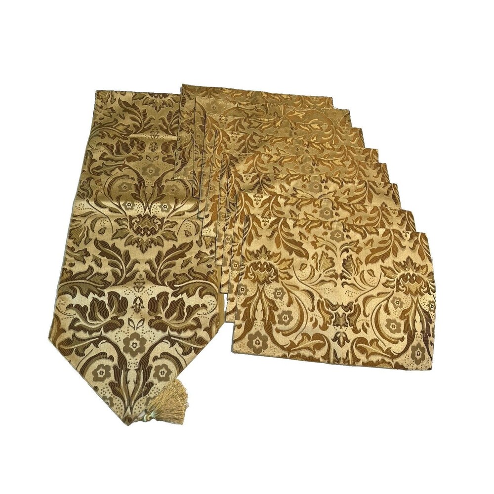 1 gold damask fabric table runner 8 placemats floral brocade Dinner Party Cloth
